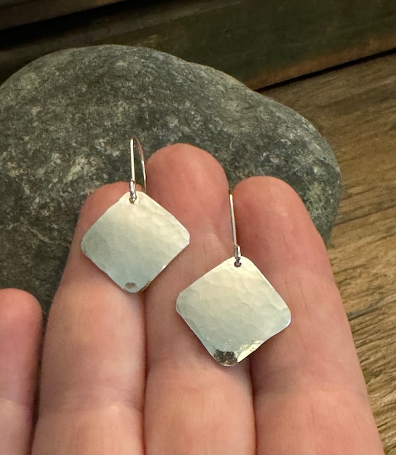 Square Sterling Silver Hammered Earrings - Square Sterling Silver Earrings - Square Hammered Earrings - Square Silver Earrings