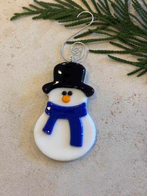 Fused Glass Snowman Ornament - Holiday Snowman Decoration - Snowman Ornament