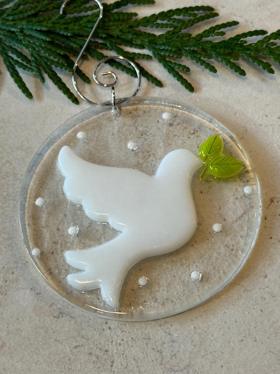 Round Fused Glass Dove Ornament - Peace Dove Ornament - Christmas Ornament - Holiday Ornament - Fused Glass Ornament - Peace Dove