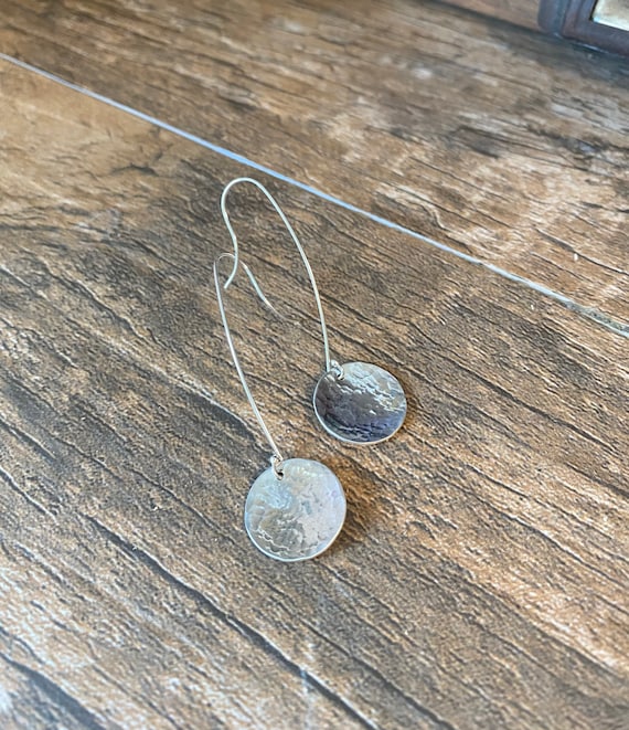 Silver Disk Earrings - Sterling Silver Earrings - Long Disk Earrings - Hammered Disk Earring- Every Day Jewelry