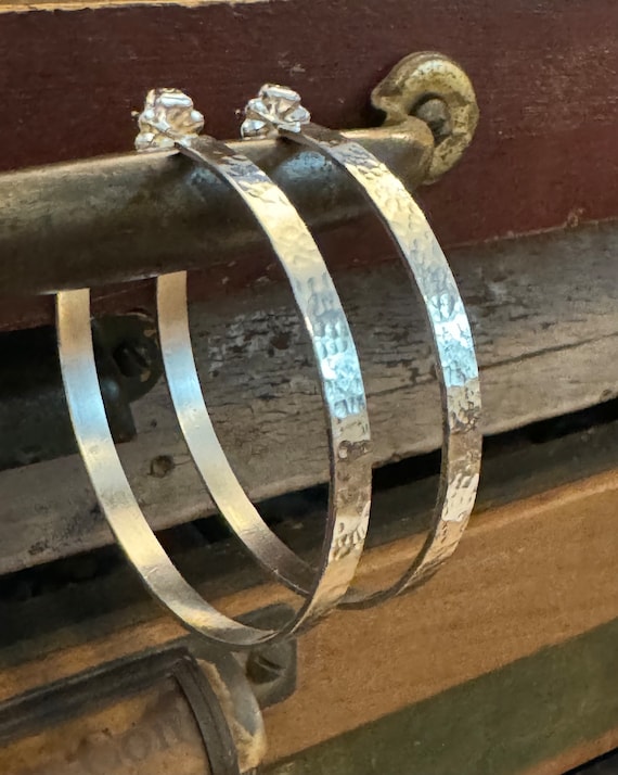 Sterling Silver Hammered Post Back Hoop Earrings - Lightweight Solid Silver Hoops - 4 mm wide Hoop Earrings - Post Back Silver Hoops