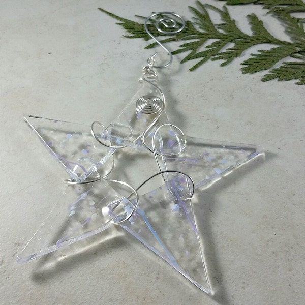 Fused Glass Star with White, Light Blue & Purple Accents, Fused Glass Ornament, Fused Glass Suncatcher