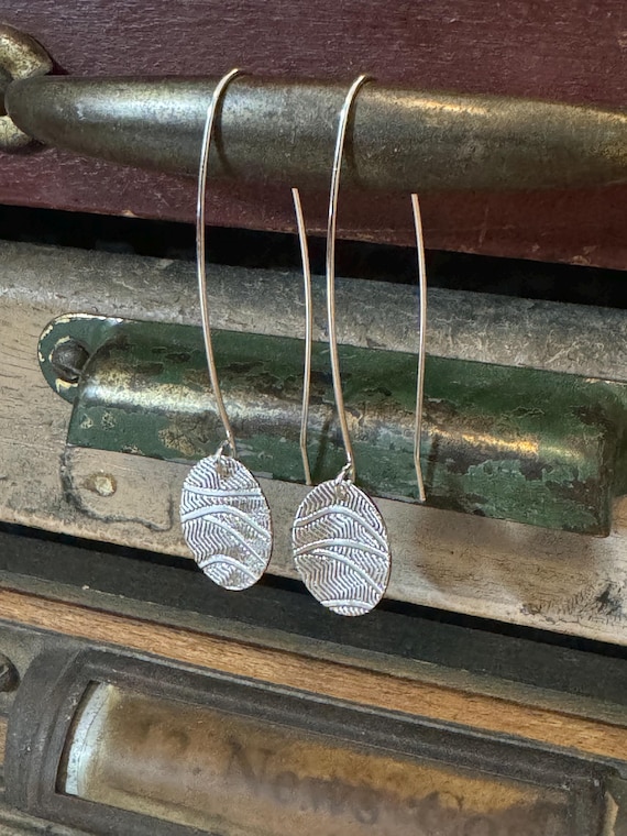 Long Oval Dangle Earrings, Sterling Silver, Hand Cut and Embossed, Embossed Earrings, Long Oval Textured Earrings
