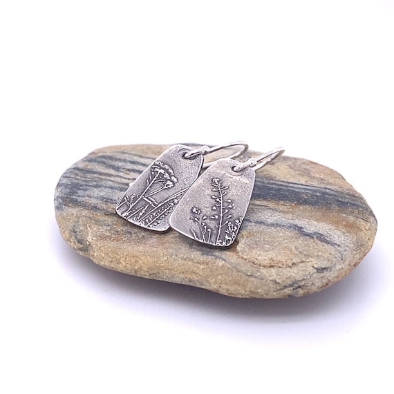 Dainty Silver Botanical Earrings- Sterling Silver Textured & Oxidized Earrings - Silver Botanical Earrings 3 - Dangle Earrings