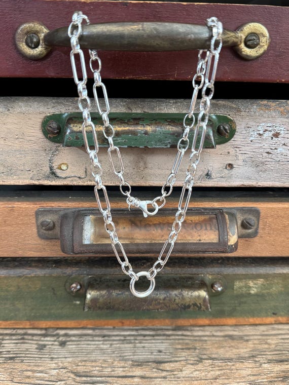 Sterling Chunky Chain Necklace With Push Clasp and Swivel Lobster Clasp - Alternating Oval Links - Oval Link Chain Necklace With Two Clasps