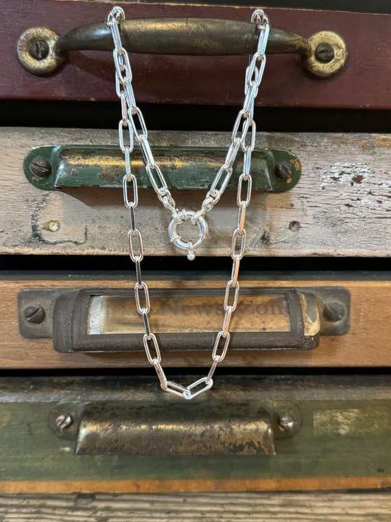 Sterling Silver Paperclip Chain Necklace - Chunky Silver Necklace - Silver Paperclip Chain Necklace With Mariner Clasp - Bolt Clasp Necklace