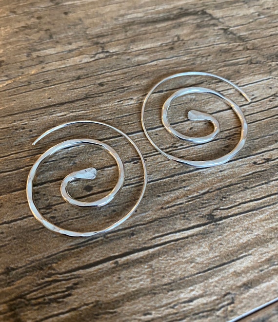 Threader Hoop Earrings, Swirl Hoop Earrings, Delicate Hoop Earrings, Sterling Silver Swirl Earrings, 1.25 Diameter Swirl Threader Earrings