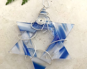 Glass Star of David- Wire Wrapped Star- Fused Glass Suncatcher- Hanukkah Decoration- Chanukah - Jewish Holiday Star Of David