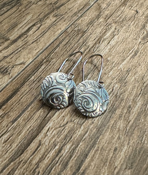 Embossed Sterling Silver Disk Earrings- Scrolling Pattern Silver Disk Earrings - Embossed Sterling Silver Earrings- Textured Earrings