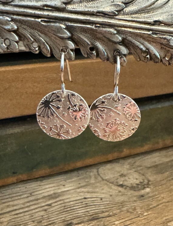 Dandelion Puff Patterned Sterling Silver Disk Earrings- Dandelion Puff Disk Earrings - Embossed Sterling Silver Earrings- Textured Earrings