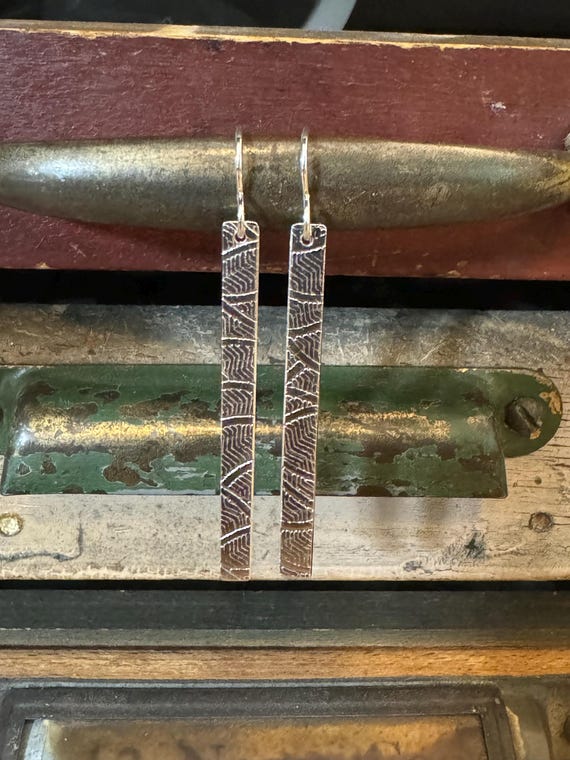 Long Silver Bar Earrings- Sterling Silver Long Bar Earrings - Textured Bar Earrings - Long Silver Dangle Earrings