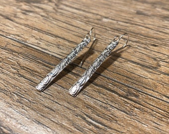 Long Silver Bar Earrings - Sterling Silver Earrings - Sterling Silver Vine Pattern Earrings - Silver Textured Bar Earrings - Silver Jewelry