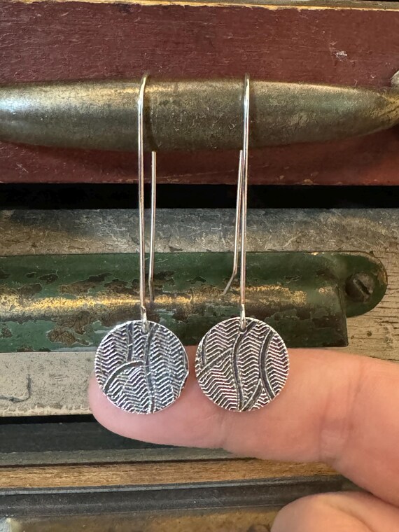 Long Dangle Earrings, Sterling Silver, Hand Cut and Embossed, Embossed Earrings, Long Disk Earrings