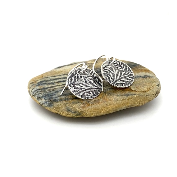 Round Silver Earrings - Sterling Silver Disk Earrings - Hand Cut and Embossed Disk Earrings - Branch Earrings - Vine Earrings