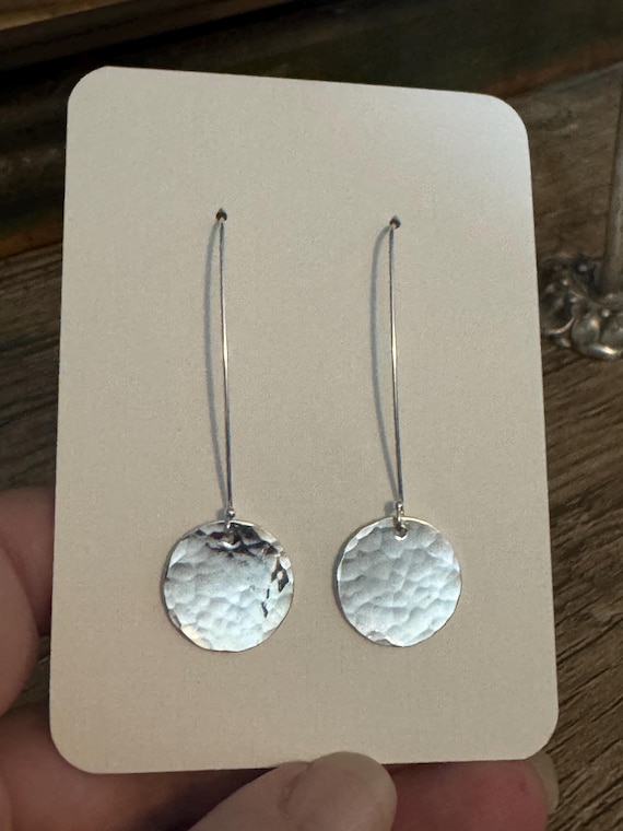 Beautiful Sterling Silver Disk Earrings- Hammered Disk Earrings- Long Disk Earrings