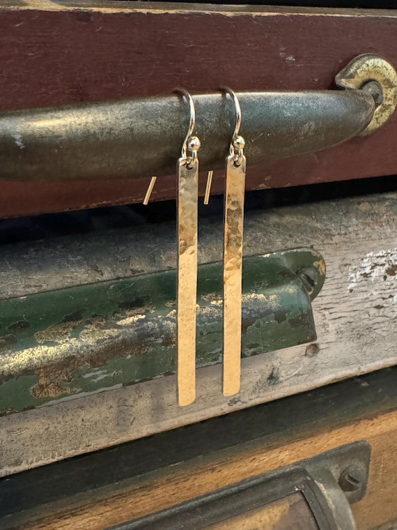 14K Gold Fill Bar Earrings - Gold Stick Earrings - Hand Cut and Hammered 14K Gold Fill Bar Earrings - Gold Hammered Bar Earrings