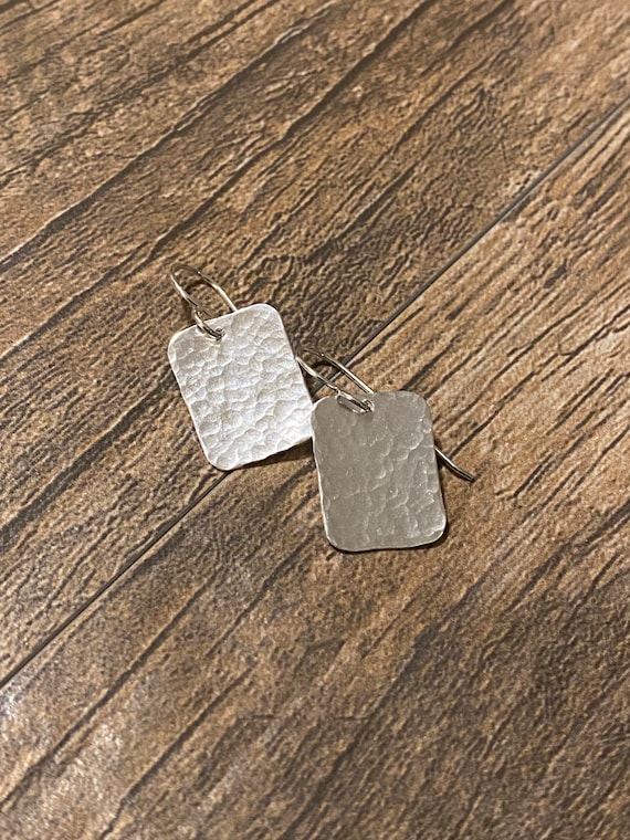 Dainty Silver Earrings- Sterling Silver Rectangle Earrings - Hammered Rectangle Sterling Silver Earrings-  Hammered Jewelry- Square Earrings