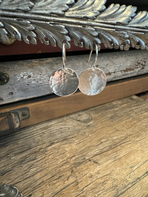 Round Silver Earrings - Sterling Silver Disk Earrings - Hand Cut and Hammered Disk Earrings - Sterling Silver Hammered Disk Earrings