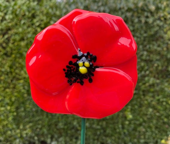 Poppy Plant Stake - Fused Glass Poppy - Glass Poppy Plant Stake - Plant Stake