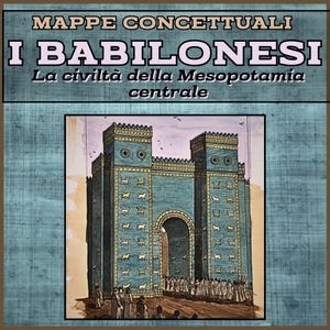 Puede incluir: Una ilustración de la Puerta de Ishtar, una estructura prominente de la antigua Babilonia, se representa en una combinación de colores verde azulado y dorado. La imagen incluye texto en italiano: "MAPPE CONCETTUALI I BABILONESI La civiltà della Mesopotamia centrale."