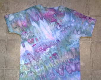 Hand Dyed T-Shirt - Unisex - Youth Size Medium - Blue, Green & Pink - Parrot Feather Tie Dye