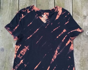 Hand Bleached T-Shirt - Ladies V-Neck - Size Large - Black and Rust - Black Cat