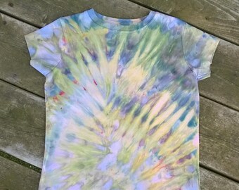 Hand Dyed T-Shirt -  Girls size 5/6 - Pastel yellow green and blue with lilac - Cockatoo Tail Tie Dye
