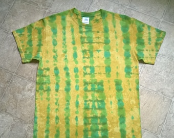 Hand Dyed T-Shirt - Unisex Size Medium - Yellow Ochre and Green - Lizard Tracks - Tie Dye