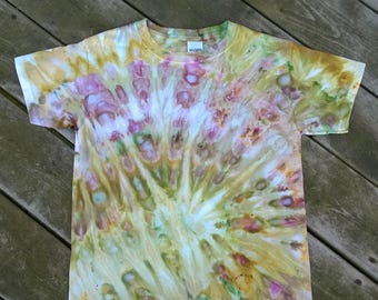 Hand Dyed T-Shirt - Youth unisex size small - Green Yellow and Pink - Starburst Tie Dye