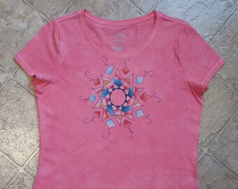 Hand Dyed T-Shirt - Ladies /Medium - Carmine Red/Pink - Whirling Star - Tie Dye
