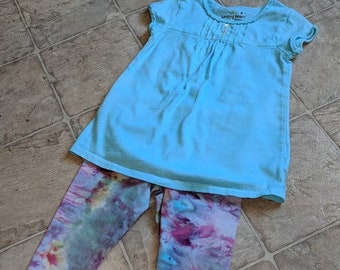 Hand Dyed Capri Leggings with Top - Girl's X-Small (4-5) - Purple/Blue - Leaping Lilacs - Tie Dye