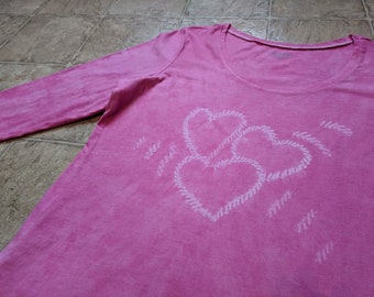 Hand Dyed Long Sleeved T-Shirt Ladies Size Large - Pink with Cream - Skipping Hearts - Tie-Dye