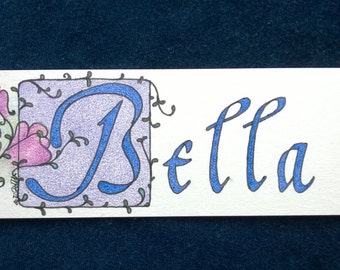 Bella Bookmark- 2x7 inches- Blue and purple with pink roses- marker and colored pencil- vintage design