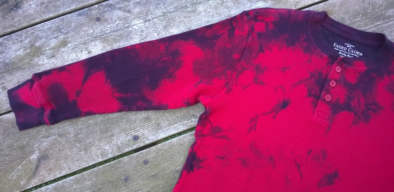 Hand Dyed long sleeved T-Shirt Unisex Kid's Size Medium Red with dark purple and black Fire Engine 152 Tie Dye image 6