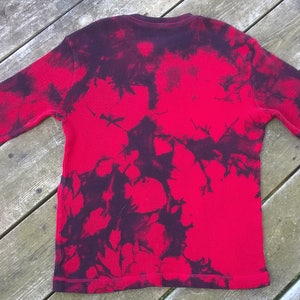 Hand Dyed long sleeved T-Shirt Unisex Kid's Size Medium Red with dark purple and black Fire Engine 152 Tie Dye image 2