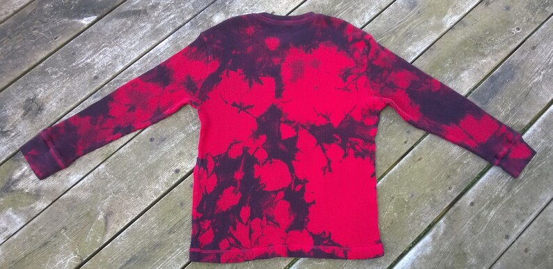 Hand Dyed long sleeved T-Shirt Unisex Kid's Size Medium Red with dark purple and black Fire Engine 152 Tie Dye image 2