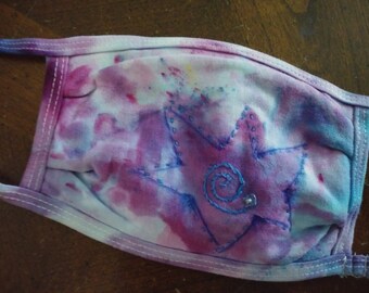 Hand Dyed T-Shirt Mask- Womens/ Unisex size- purple with mixed pastel colors- Family created