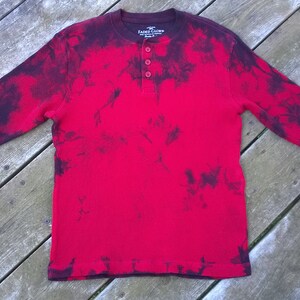 Hand Dyed long sleeved T-Shirt Unisex Kid's Size Medium Red with dark purple and black Fire Engine 152 Tie Dye image 1