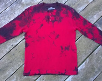 Hand Dyed long sleeved T-Shirt - Unisex Kid's Size Medium - Red with dark purple and black - Fire Engine # 152 - Tie Dye