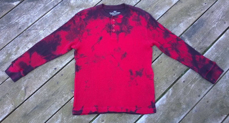 Hand Dyed long sleeved T-Shirt Unisex Kid's Size Medium Red with dark purple and black Fire Engine 152 Tie Dye image 1