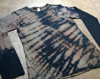 Hand Dyed Long sleeved T-Shirt - Ladies Size Small - Black with Tan and Light Aqua - Black and Blue - Tie Dye