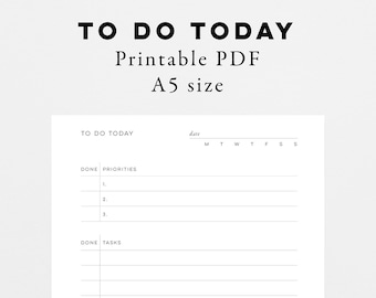 May include: A printable to-do list in A5 size. The list includes sections for priorities, tasks, and tomorrow. It also has a space for the date and day of the week.