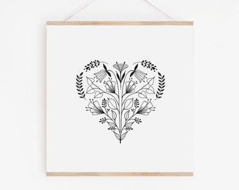 Floral Folk Heart Art Print - Black and White - Heart Shape