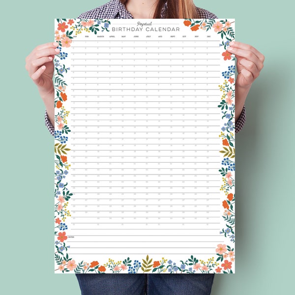 Floral Perpetual Birthday Calendar - A2 birthday calendar - Wall Planner - Birthday Planner - Anniversary Planner - Colourful Calendar