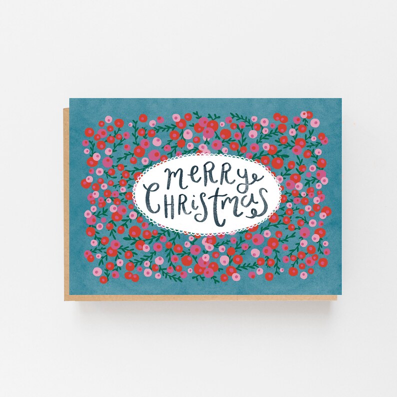 Merry Christmas Red & Pink Berries Multipack Card Set x 8 Christmas Card Pack x 8 Christmas Card Set of 8 Charity Cards image 3