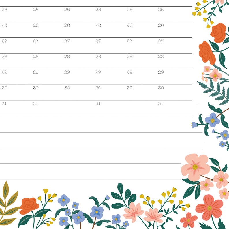 May include: A blank white planner with a floral border. The border features pink, red, blue, and yellow flowers with green leaves.