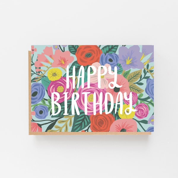 Celebre con estilo con nuestra tarjeta de cumpleaños floral / tarjeta de feliz cumpleaños / tarjeta de cumpleaños floral / interior en blanco / sobre kraft