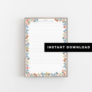 PRINTABLE Floral Perpetual Birthday Calendar - Birthday Calendar - Wall ...