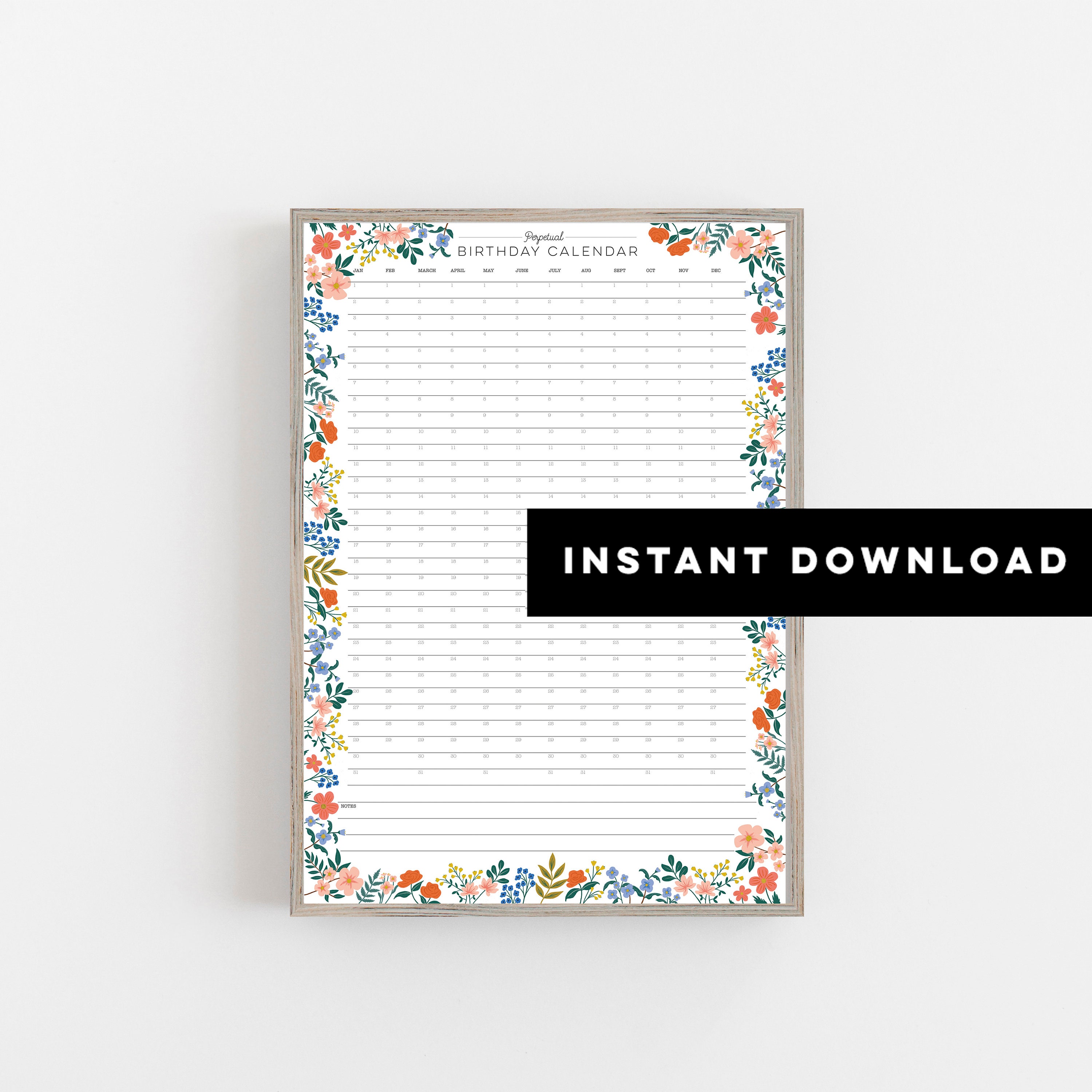 PRINTABLE Floral Perpetual Birthday Calendar Birthday - Etsy UK