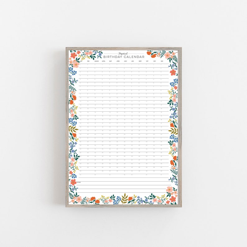 May include: A white framed birthday calendar with a floral border. The calendar has a simple design with lines for each day of the year and spaces for names. The floral border is in shades of blue, orange, and pink.
